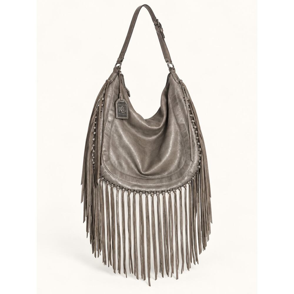 Lauren Ralph Lauren Fleetwood Silver Gray Leather Hobo Fringe Bag